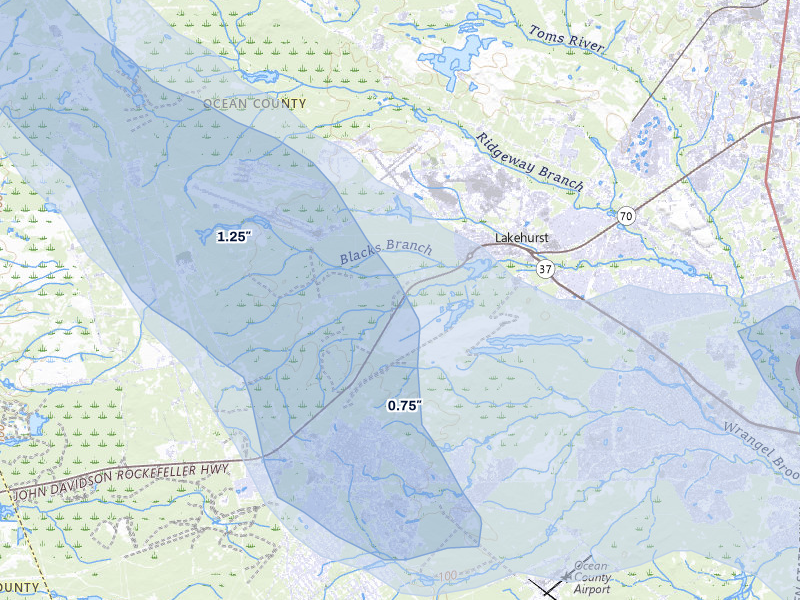 NEXRAD radar-signature map of the hail storm over Manchester Township, NJ on Jul 3, 2026