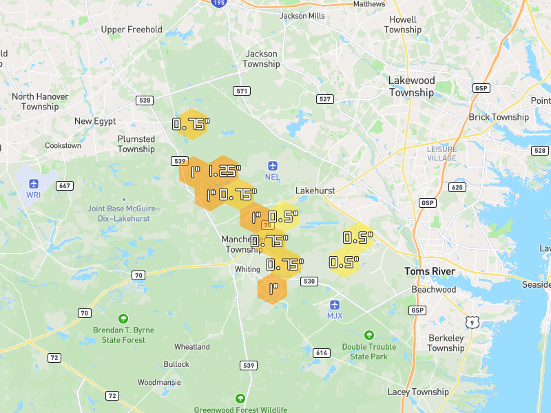 Hail map of Manchester, NJ on Jul 4, 2026, hail up to 1.25"