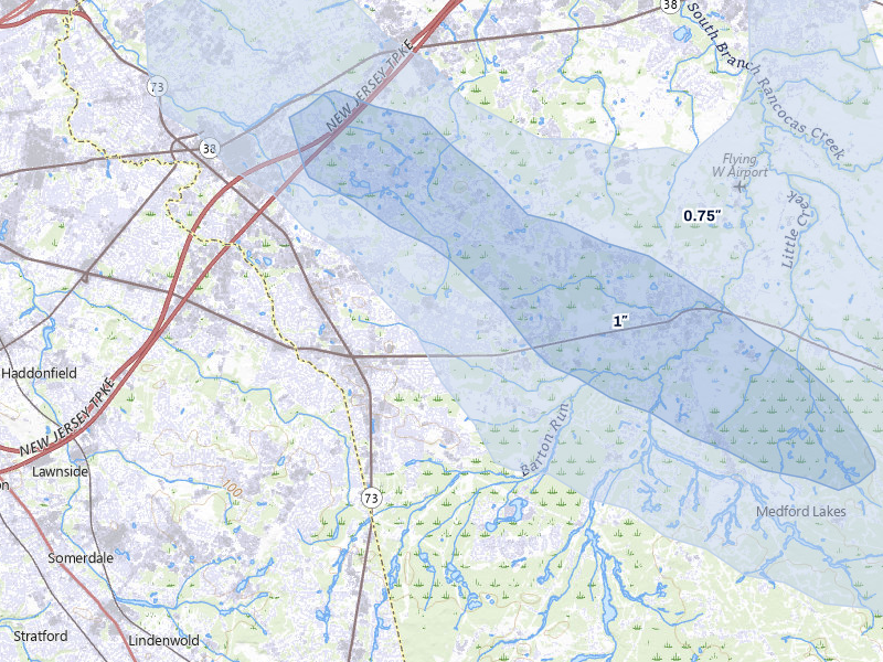 NEXRAD radar-signature map of the hail storm over Marlton, NJ on Jul 3, 2026