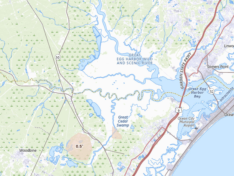 Radar-estimated hail-size map of the storm over Mays Landing, NJ on Jul 4, 2026