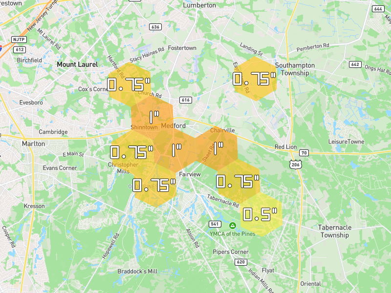 Hail map of Medford, NJ on Jul 4, 2026, hail up to 1"