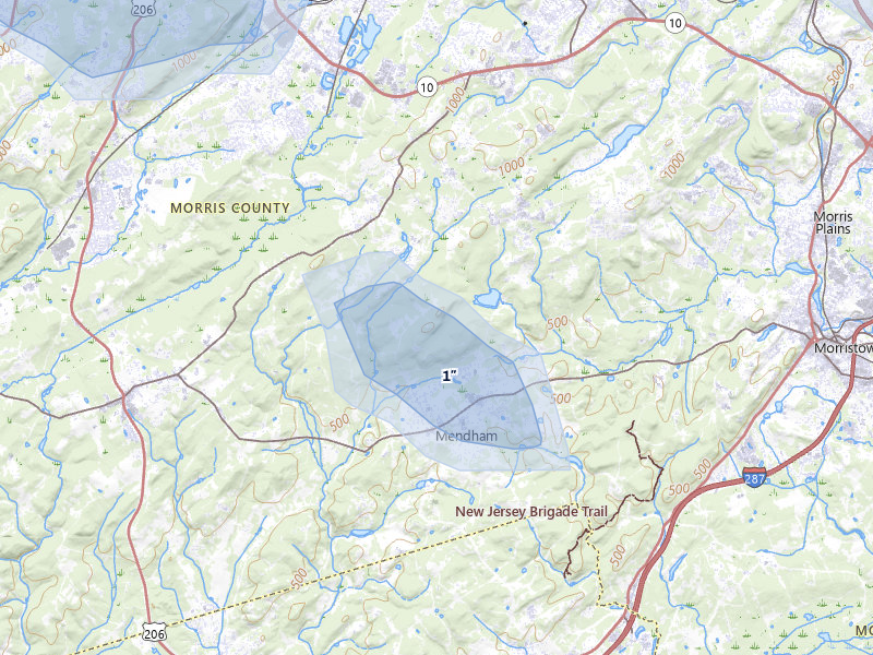 NEXRAD radar-signature map of the hail storm over Mendham, NJ on Jul 3, 2026