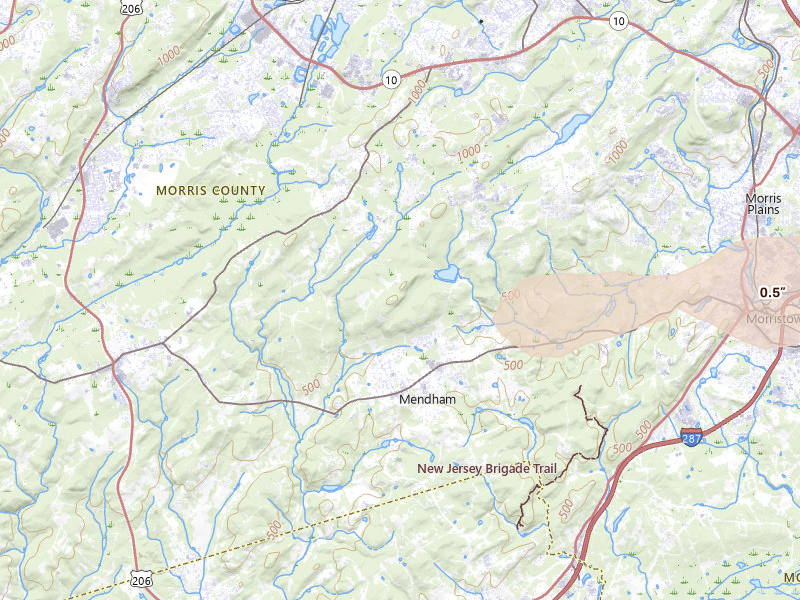 Radar-estimated hail-size map of the storm over Mendham, NJ on Jul 21, 2026