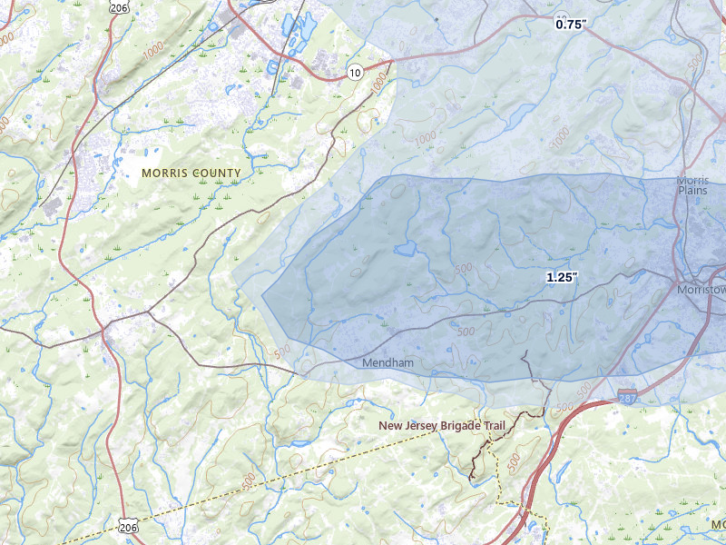 NEXRAD radar-signature map of the hail over Mendham, NJ