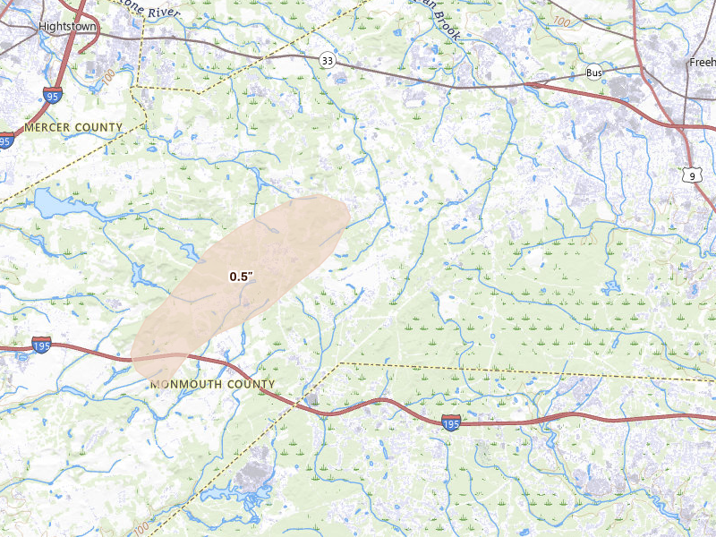 Radar-estimated hail-size map of the storm over Millstone Township, NJ on Aug 7, 2026