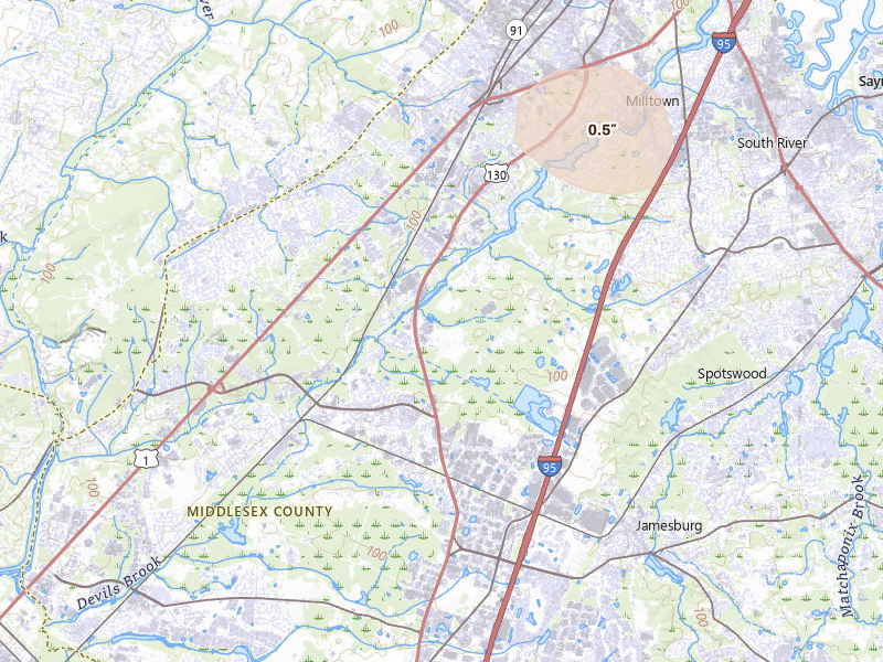 Radar-estimated hail-size map of the storm over Monmouth Junction, NJ on Jul 3, 2026