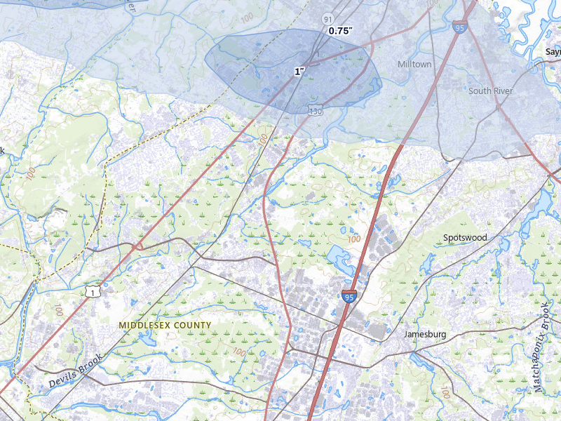 NEXRAD radar-signature map of the hail storm over Monmouth Junction, NJ on Jul 3, 2026