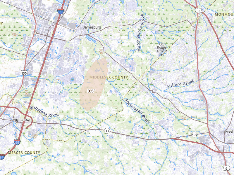 Radar-estimated hail-size map of the storm over Monroe Township, NJ on Jul 28, 2026