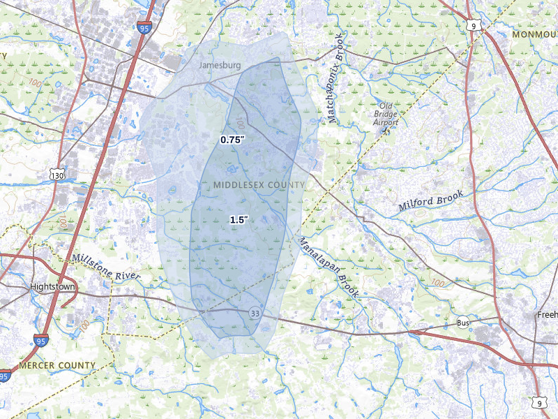 NEXRAD radar-signature map of the hail storm over Monroe Township, NJ on Jul 28, 2026