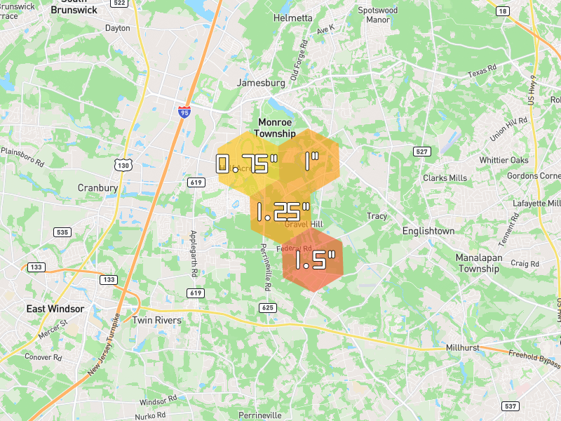 Hail map of Monroe Township, NJ on Jul 28, 2026, hail up to 1.5"