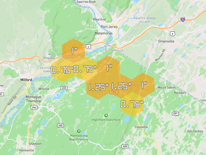Hail map of Montague, NJ on Jul 3, 2026, hail up to 1.25"