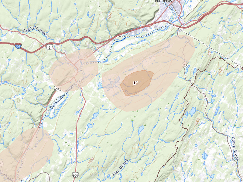 Radar-estimated hail-size map of the storm over Montague, NJ on Aug 7, 2026