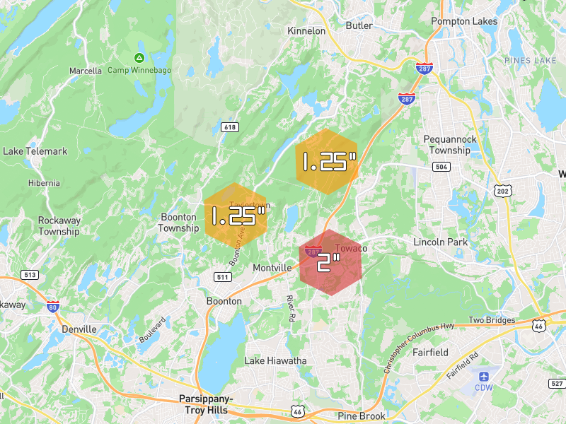 Hail map of Montville, NJ on Jul 21, 2026, hail up to 2"