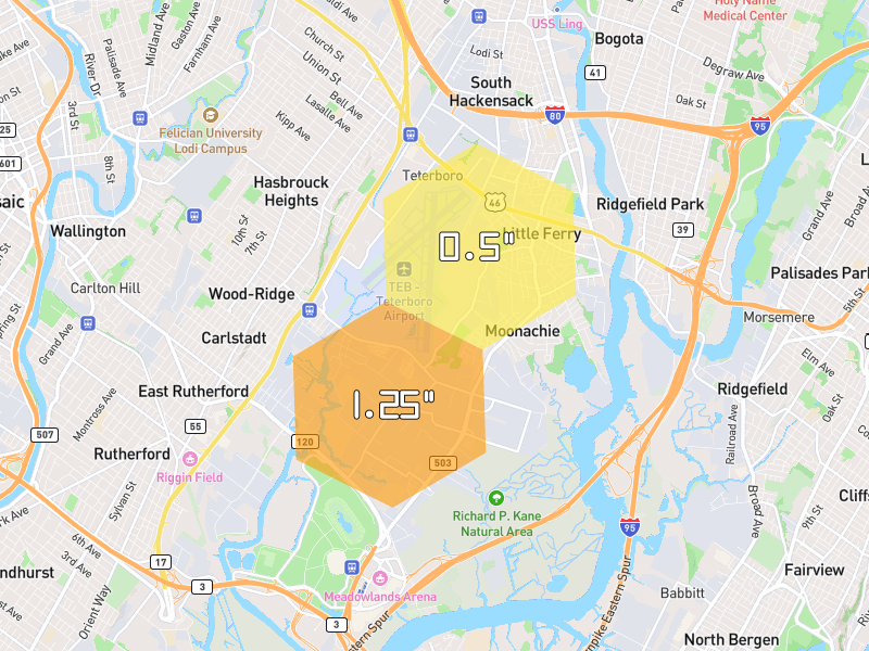 Hail map of Moonachie, NJ on Jul 21, 2026, hail up to 1.25"