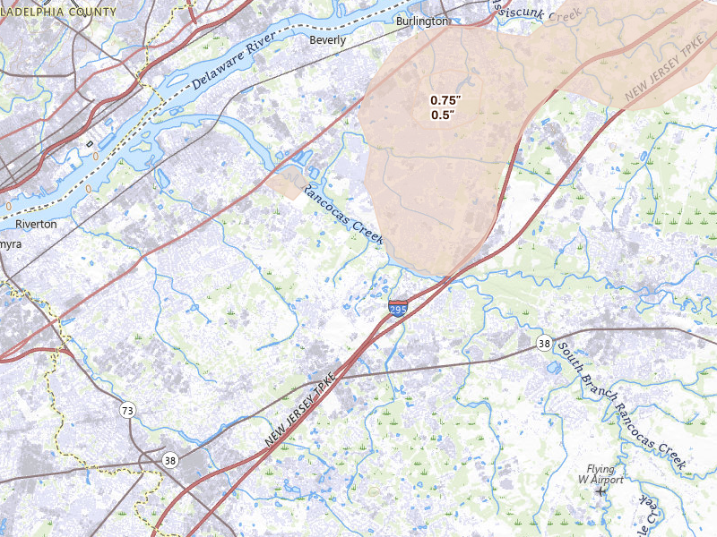 Radar-estimated hail-size map of the storm over Moorestown, NJ on Jun 22, 2026