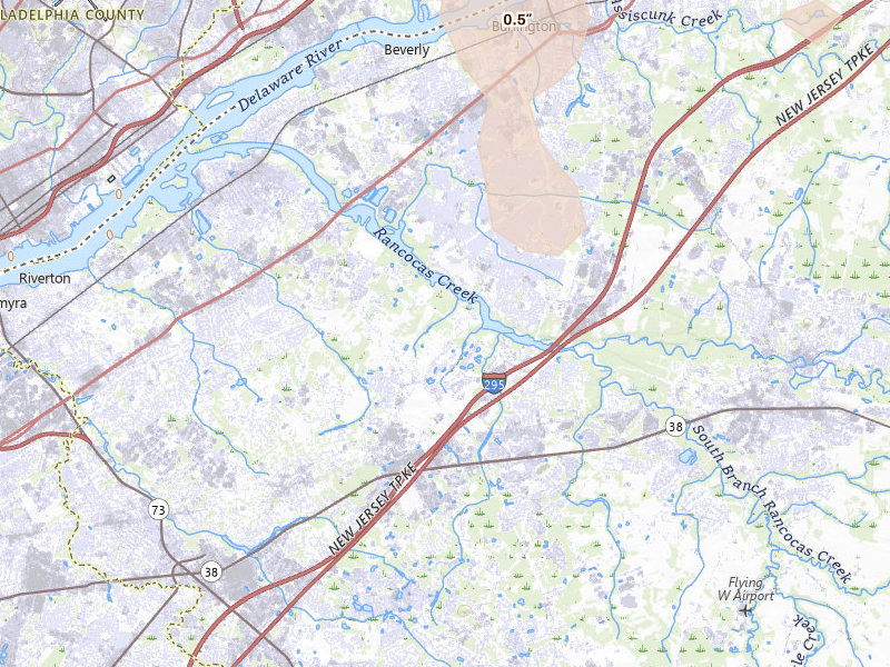 Radar-estimated hail-size map of the storm over Moorestown, NJ on Jul 3, 2026