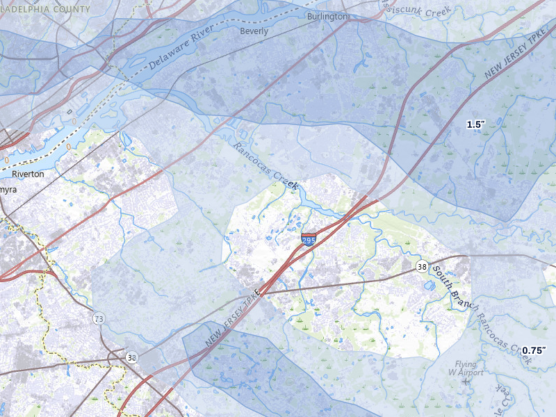 NEXRAD radar-signature map of the hail storm over Moorestown, NJ on Jul 3, 2026