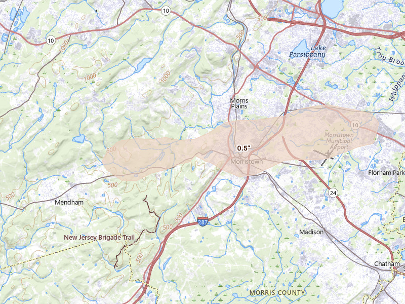 Radar-estimated hail-size map of the storm over Morristown, NJ on Jul 21, 2026