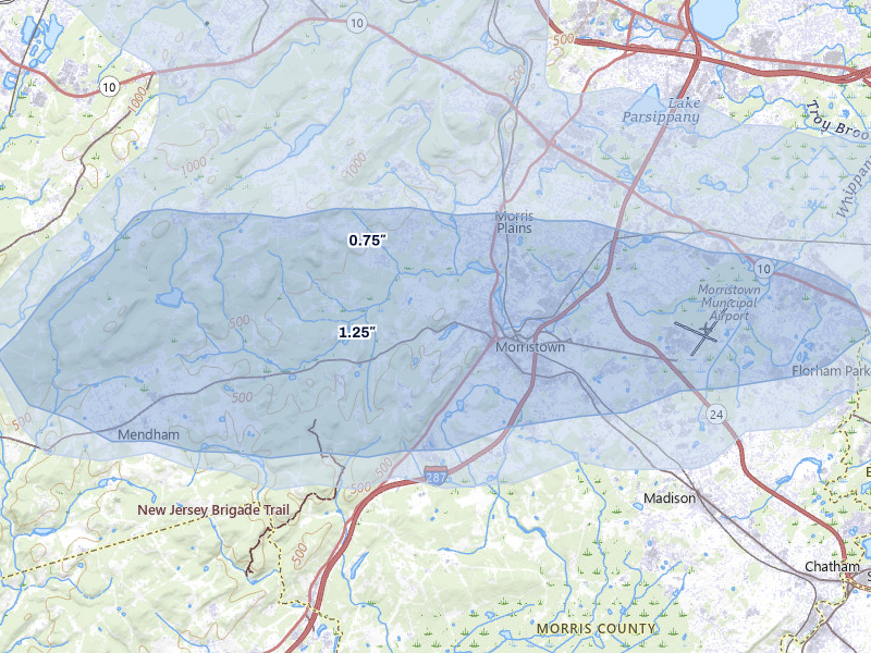 NEXRAD radar-signature map of the hail over Morristown, NJ