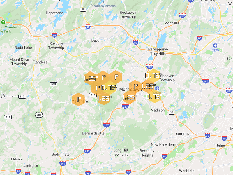 Hail map of Morristown, NJ on Jul 21, 2026, hail up to 1.25"