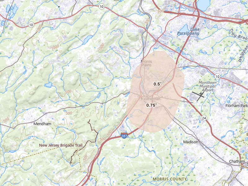 Radar-estimated hail-size map of the storm over Morristown, NJ on Aug 7, 2026
