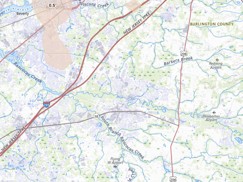 Radar-estimated hail-size map of the storm over Mount Holly, NJ on Jul 3, 2026