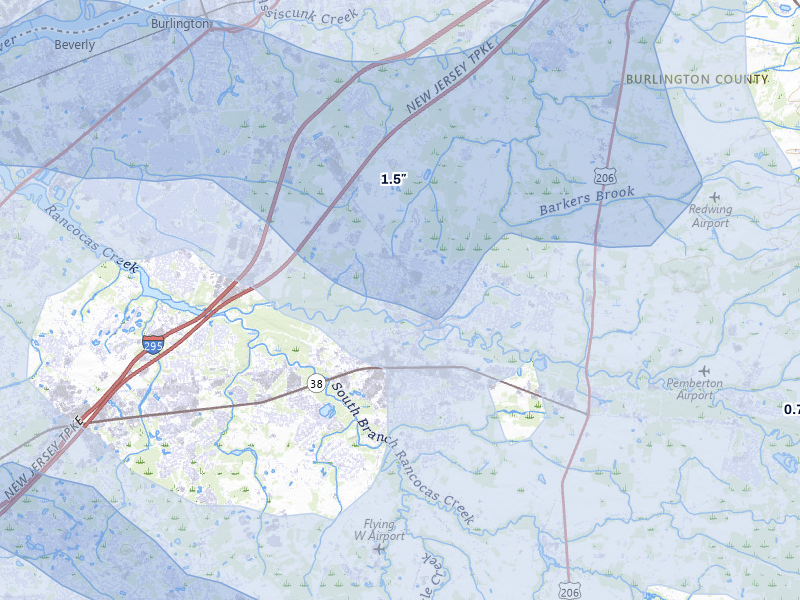 NEXRAD radar-signature map of the hail storm over Mount Holly, NJ on Jul 3, 2026