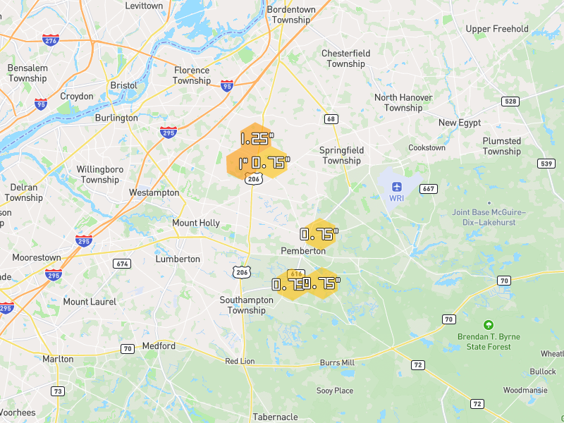 Hail map of Mount Holly, NJ on Jul 4, 2026, hail up to 1.25"