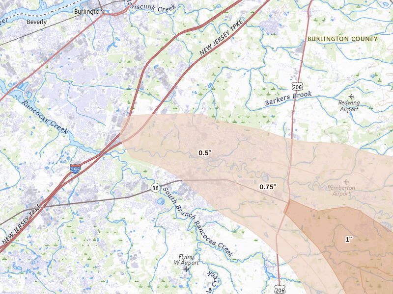 Radar-estimated hail-size map of the storm over Mount Holly, NJ on Jul 16, 2026