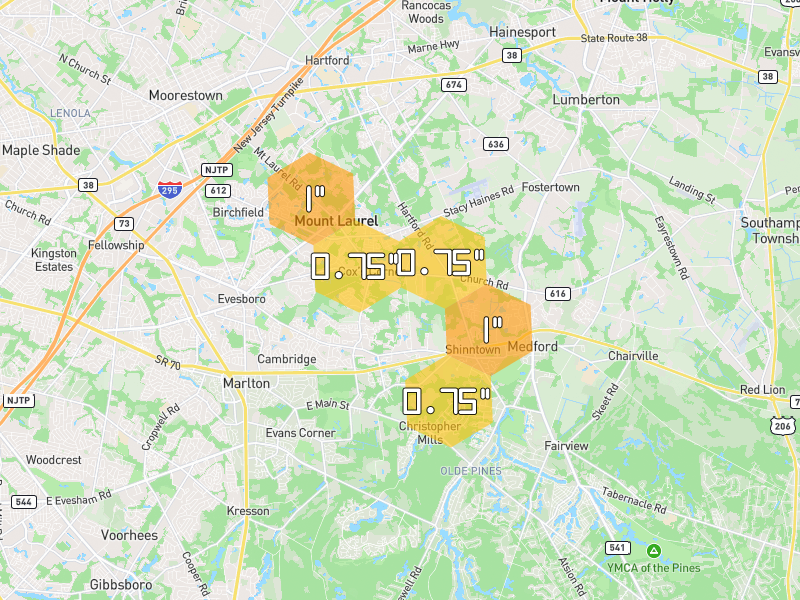 Hail map of Mount Laurel, NJ on Jul 4, 2026, hail up to 1"