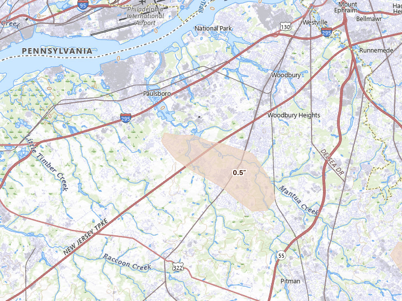 Radar-estimated hail-size map of the storm over Mount Royal, NJ on Sep 1, 2026