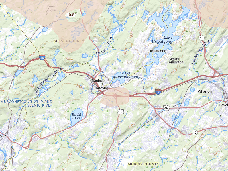 Radar-estimated hail-size map of the storm over Netcong, NJ on Jul 3, 2026
