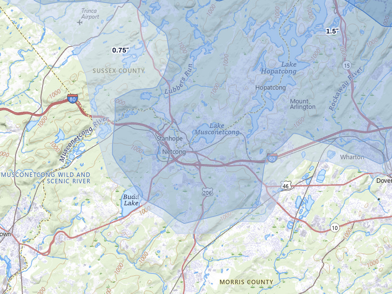 NEXRAD radar-signature map of the hail storm over Netcong, NJ on Jul 3, 2026