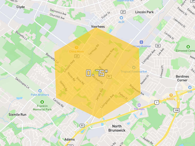 Hail map of New Brunswick, NJ on Jul 9, 2026, hail up to 0.75"