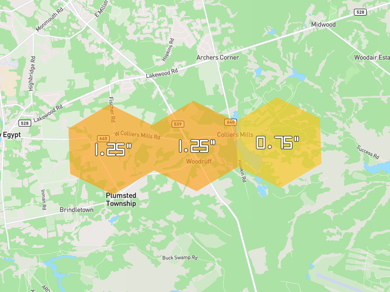 Hail map of New Egypt, NJ on Jul 4, 2026, hail up to 1.25"