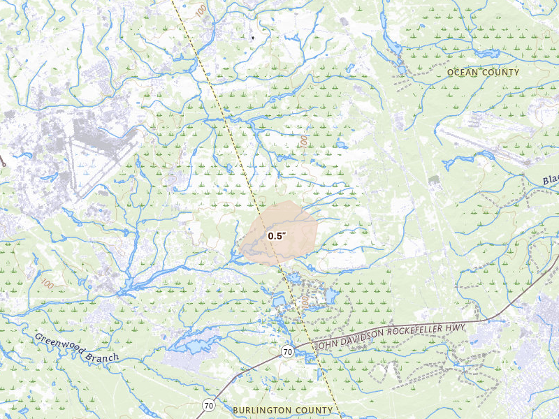 Radar-estimated hail-size map of the storm over New Egypt, NJ on Jul 18, 2026