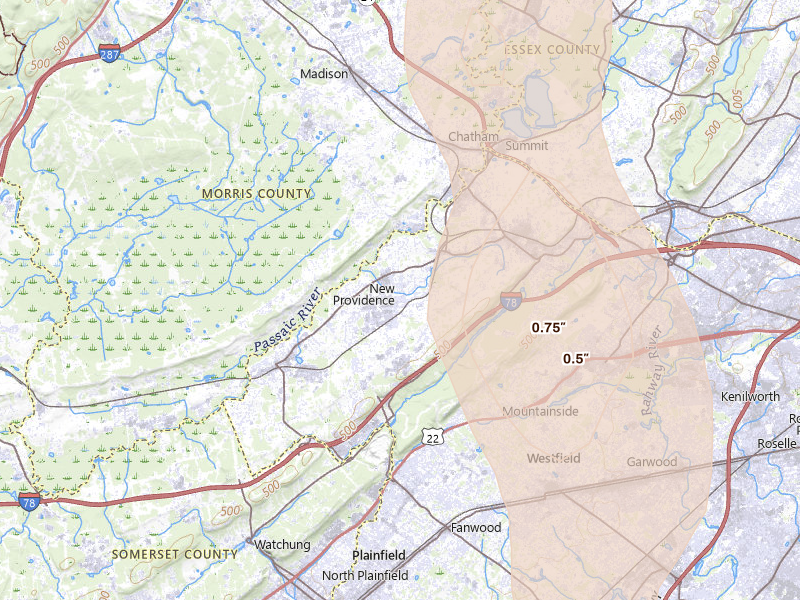 Radar-estimated hail-size map of the storm over New Providence, NJ on Sep 1, 2026