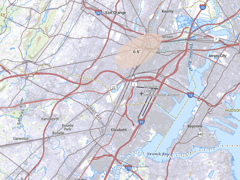 Radar-estimated hail-size map of the storm over Newark, NJ on Aug 27, 2026