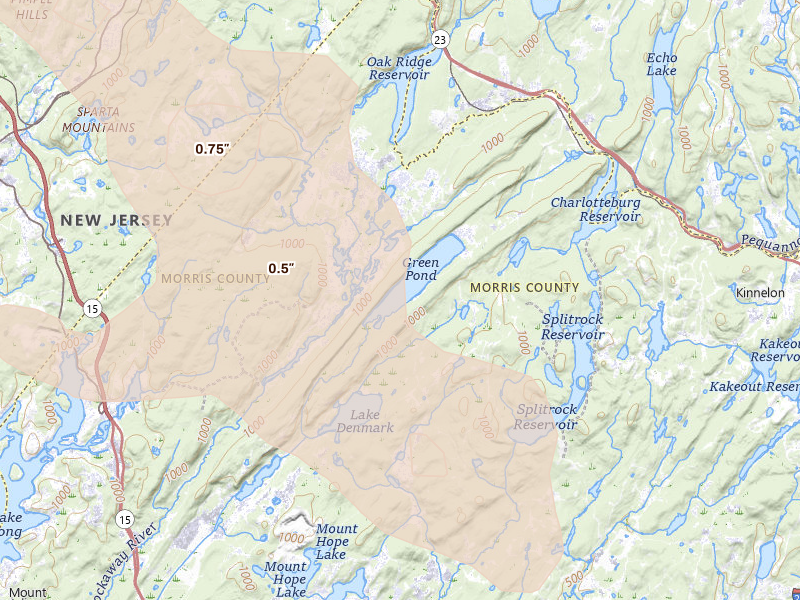 Radar-estimated hail-size map of the storm over Newfoundland, NJ on Jul 15, 2026