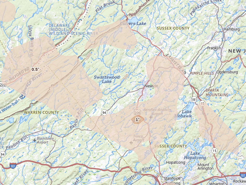 Radar-estimated hail-size map of the storm over Newton, NJ on Jul 3, 2026
