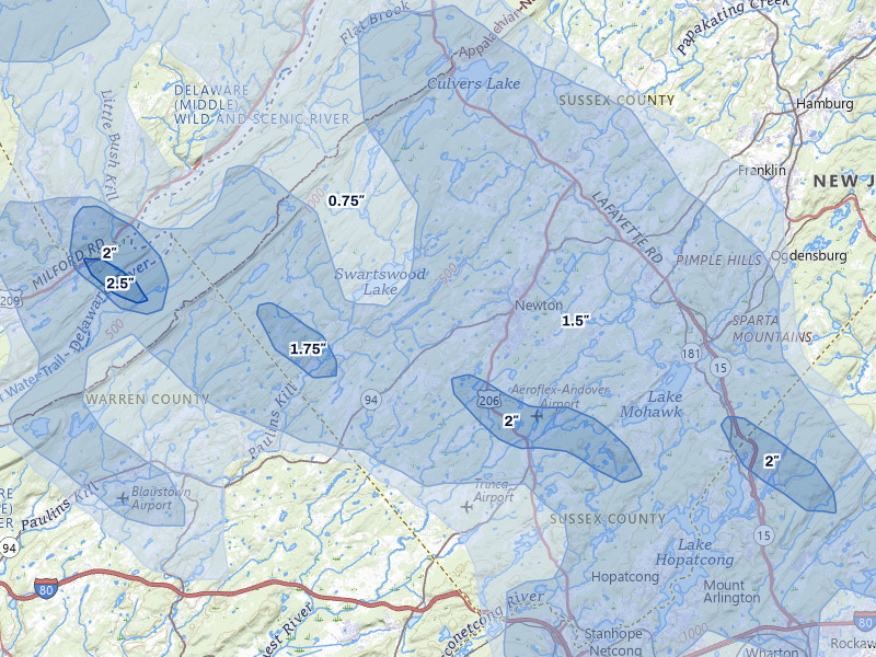 NEXRAD radar-signature map of the hail over Newton, NJ