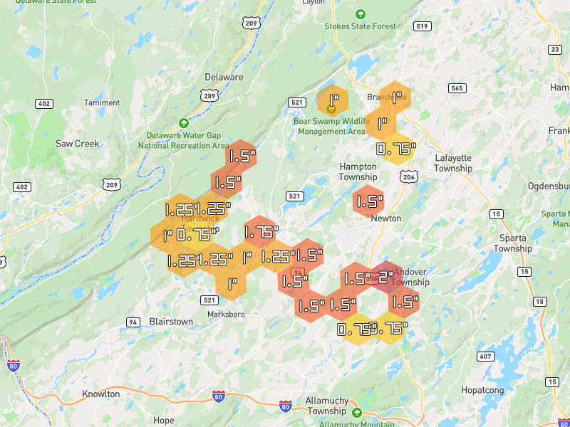 Hail map of Newton, NJ on Jul 3, 2026, hail up to 2"