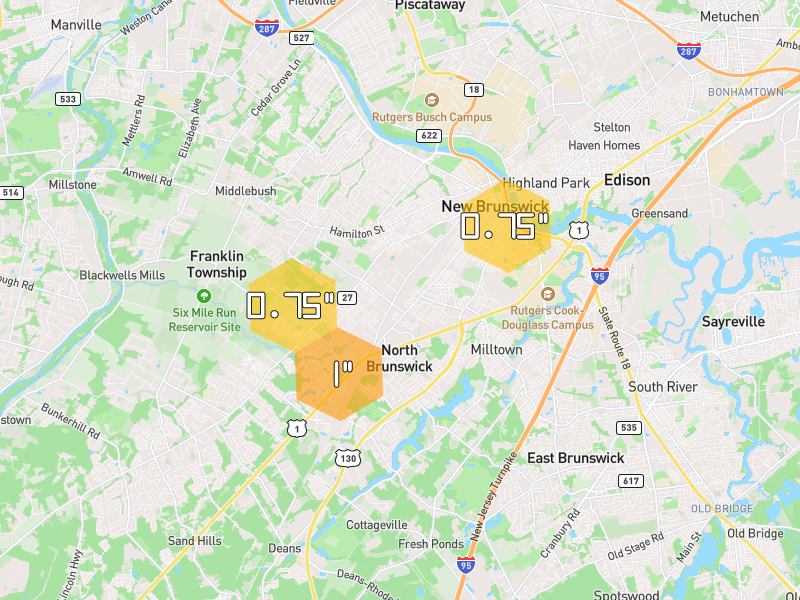 Hail map of North Brunswick, NJ on Jul 4, 2026, hail up to 1"