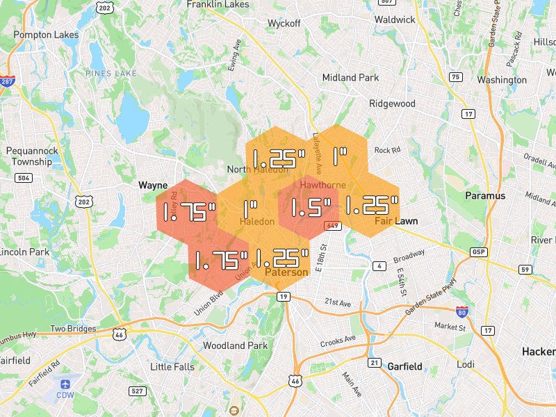 Hail map of North Haledon, NJ on Jul 21, 2026, hail up to 1.75"