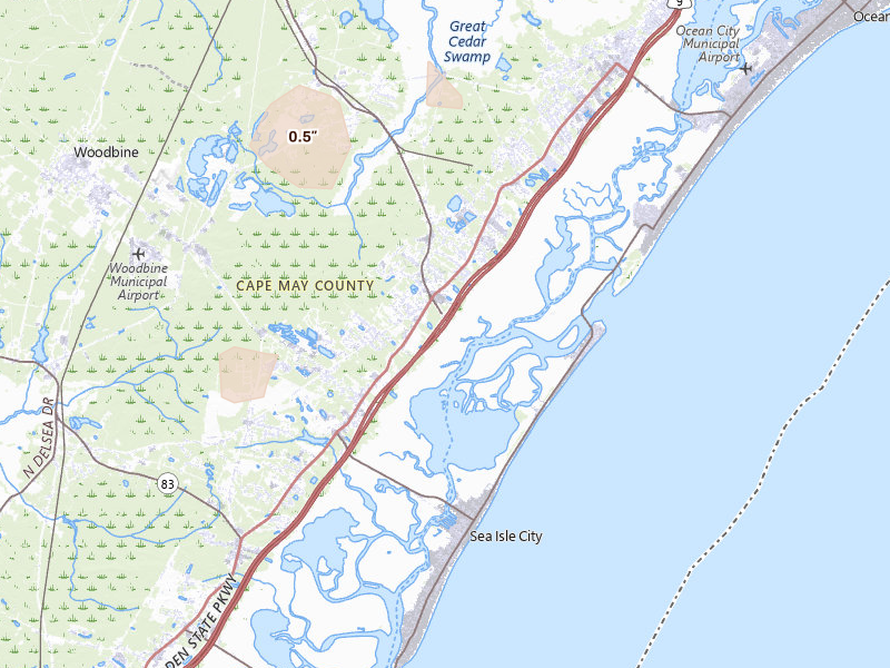 Radar-estimated hail-size map of the storm over Ocean View, NJ on Jul 4, 2026