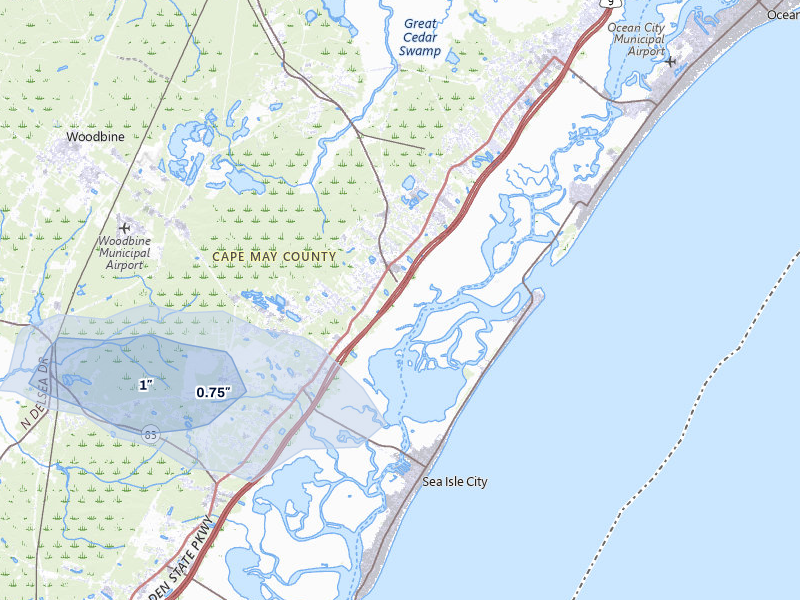 NEXRAD radar-signature map of the hail storm over Ocean View, NJ on Jul 4, 2026