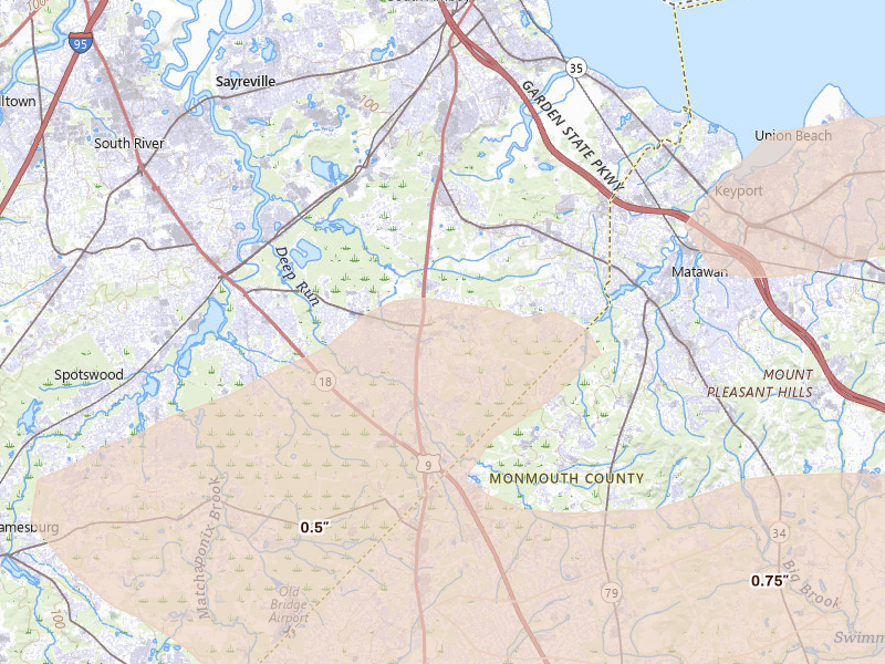 Radar-estimated hail-size map of the storm over Old Bridge, NJ on Aug 27, 2026
