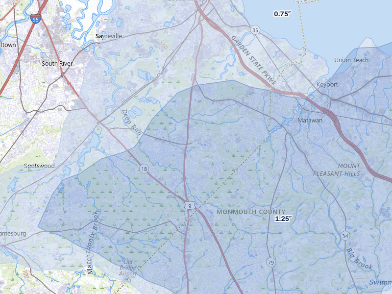 NEXRAD radar-signature map of the hail storm over Old Bridge, NJ on Aug 27, 2026