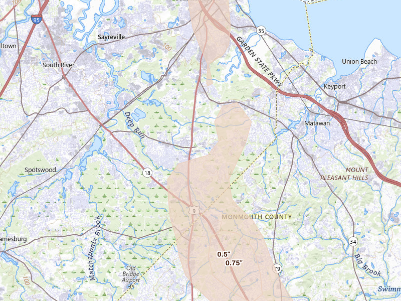 Radar-estimated hail-size map of the storm over Old Bridge, NJ on Sep 1, 2026