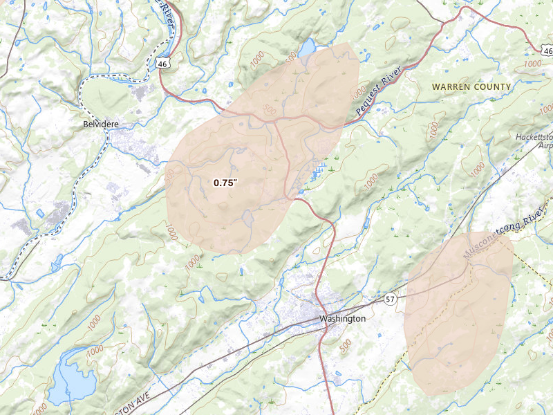 Radar-estimated hail-size map of the storm over Oxford, NJ on Aug 7, 2026